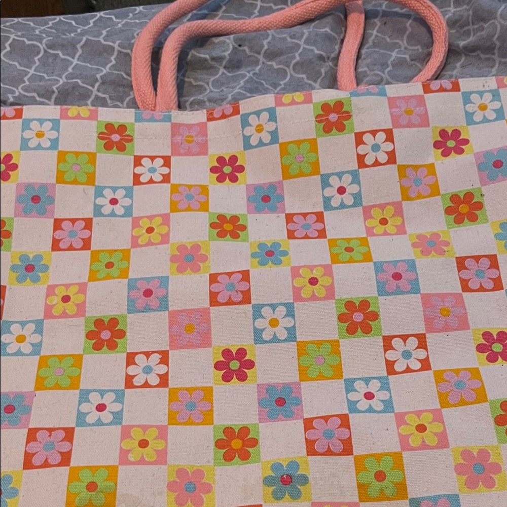 Colorful Floral Checkered Tote Bag